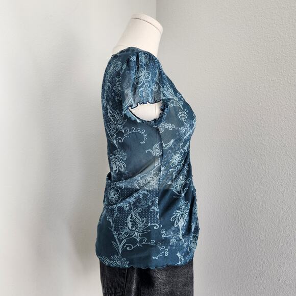 Y2K Mesh Blue Floral Sheer Ruched Cap Sleeve V-Neck Whimsigoth Top XS - Picture 4 of 7